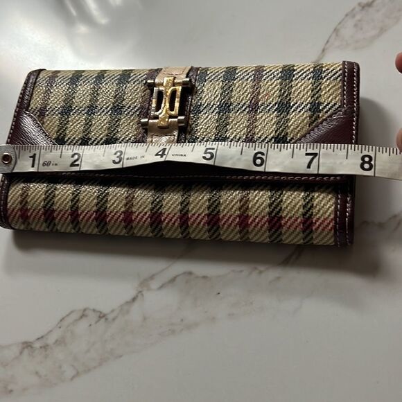 DAKS London Plaid Check  Tri Fold Wallet Clutch Burgundy Leather Trim - Picture 3 of 9